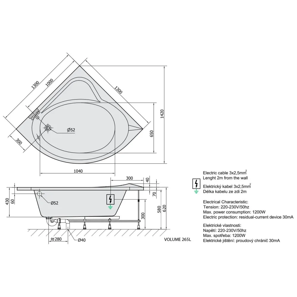 Poreamme Sirius Active Hydro-Air, 1300x1300x430mm, 265l, valkoinen*Interia