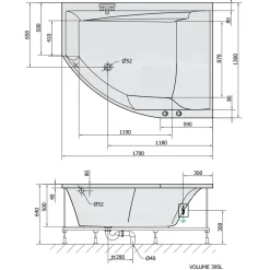 New Poreamme Tandem Highline Hydro, 1700x1300x500mm, oikea, 395l, valkoinen Poreammeet