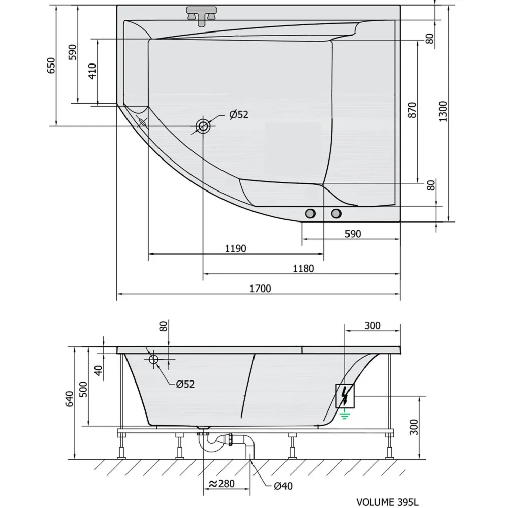 New Poreamme Tandem Highline Hydro, 1700x1300x500mm, oikea, 395l, valkoinen Poreammeet