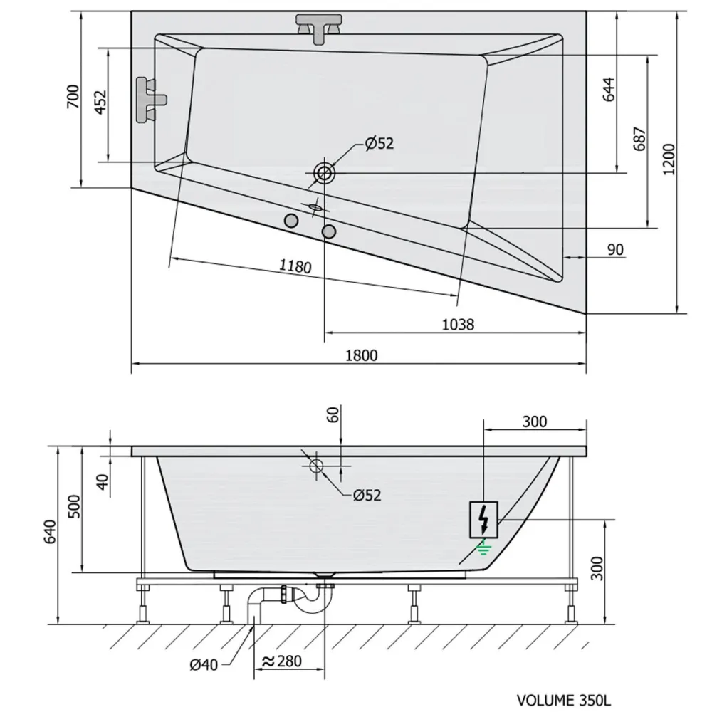 Poreamme Triangl Highline Hydro-Air, 1800x1200x500mm, oikea, 350l, valkoinen*Interia Outlet