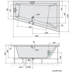 Best Poreamme Triangl Highline Hydro, 1800x1200x500mm, oikea, 350l, valkoinen Poreammeet