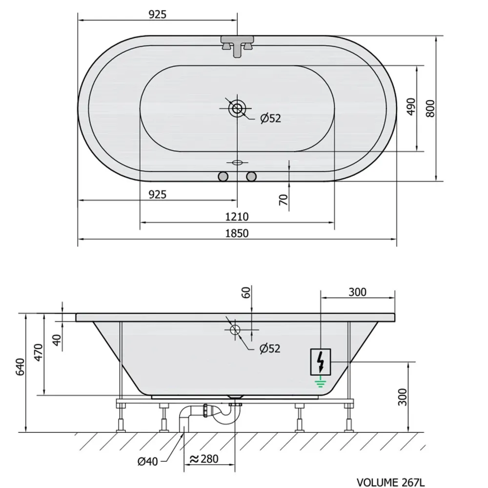 Poreamme Viva Active Hydro-Air, 1850x800x470mm, 267l, valkoinen*Interia Discount