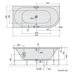 Poreamme Viva Highline Hydro-Air, 1750x800x470mm, vasen, 235l, valkoinen*Interia Online