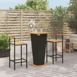 Puutarhan bistrosarja 3-osainen musta polyrottinki/täysi akasiapuu (87725)*FinePRICE Sale