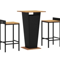 Clearance Puutarhan bistrosarja 3-osainen musta polyrottinki/täysi akasiapuu (87722) Parvekekalusteet