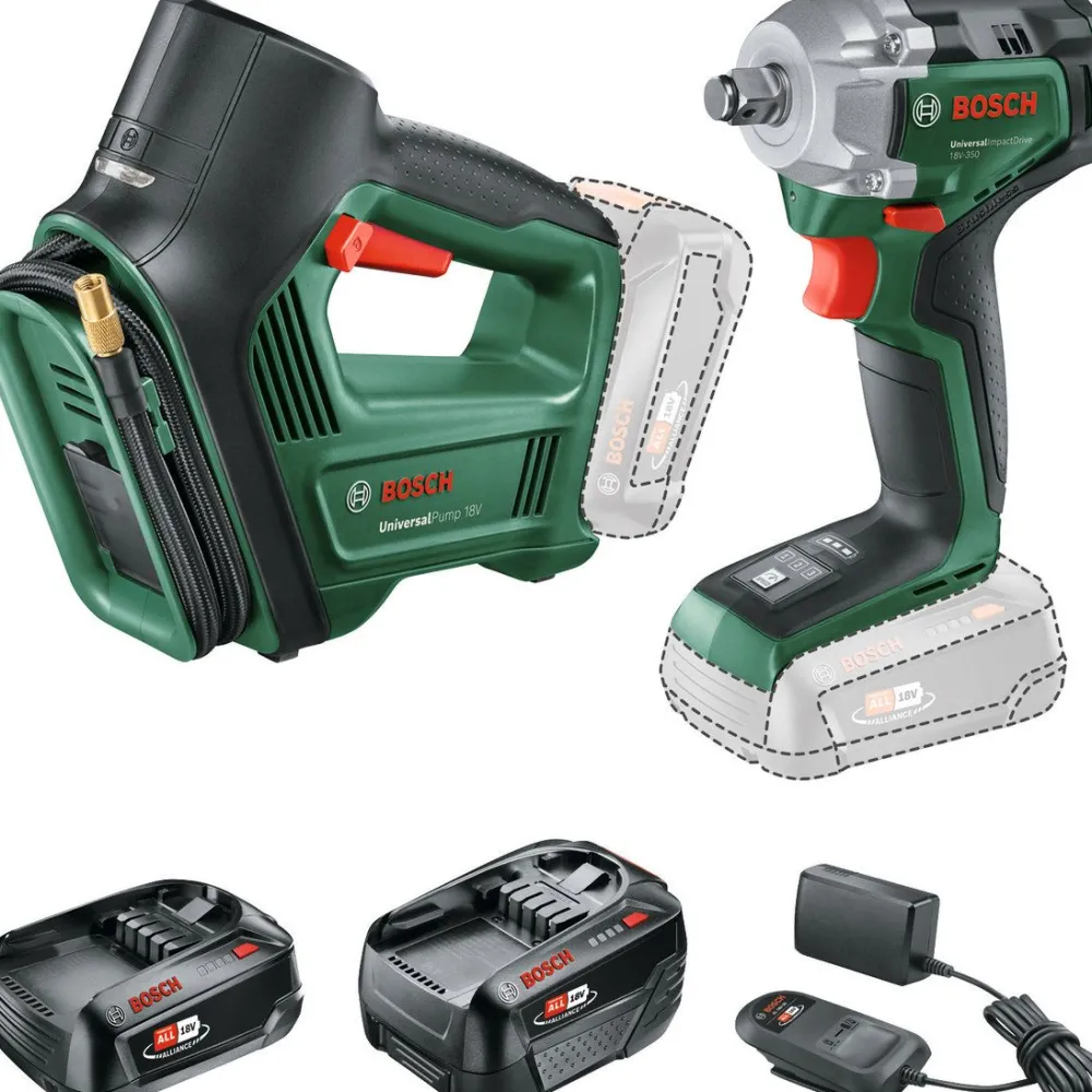 Renkaanvaihtosarja Bosch DIY iskumutterinväännin + paineilmapumppu 18V 2,0+4,0 Ah akuilla*Bosch Power Tools Clearance