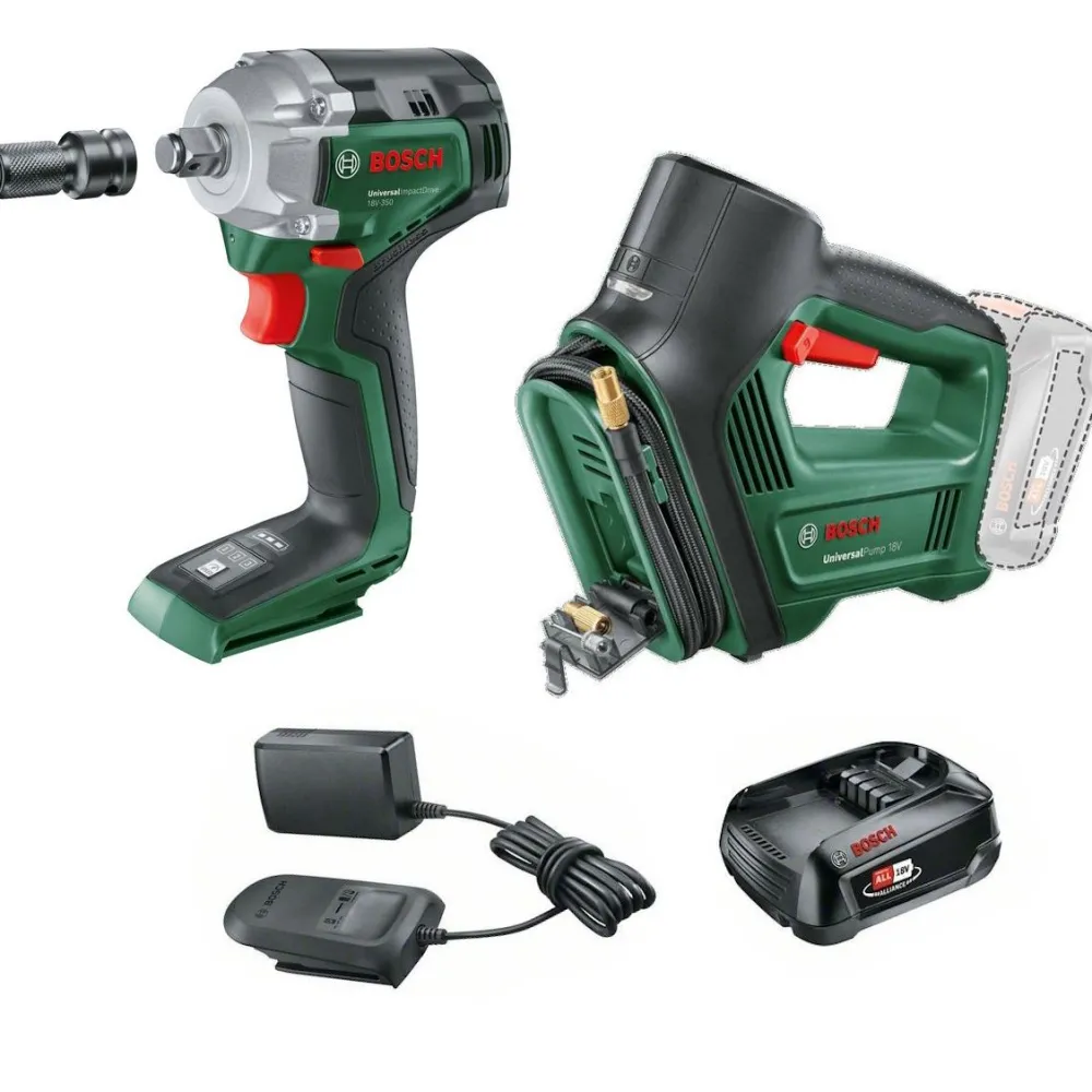 Renkaidenvaihtopaketti Bosch UniversalPump + UniversalImpactDrive 18V-350, 18V, 2.5Ah akulla*Bosch Power Tools Hot