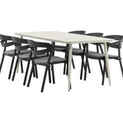 Ruokailuryhmä ulos , beige Lina-pöytä 200x90cm + 6 mustaa Slit-tuolia*Venture Home Best