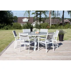 Ruokailuryhmä ulos , valkoinen Parma-pöytä Ø140cm + 6 valkoharmaata Copacabana-tuolia*Venture Home Discount