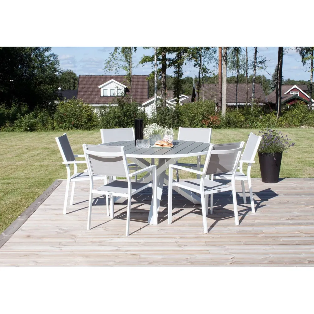 Ruokailuryhmä ulos , valkoinen Parma-pöytä Ø140cm + 6 valkoharmaata Copacabana-tuolia*Venture Home Discount