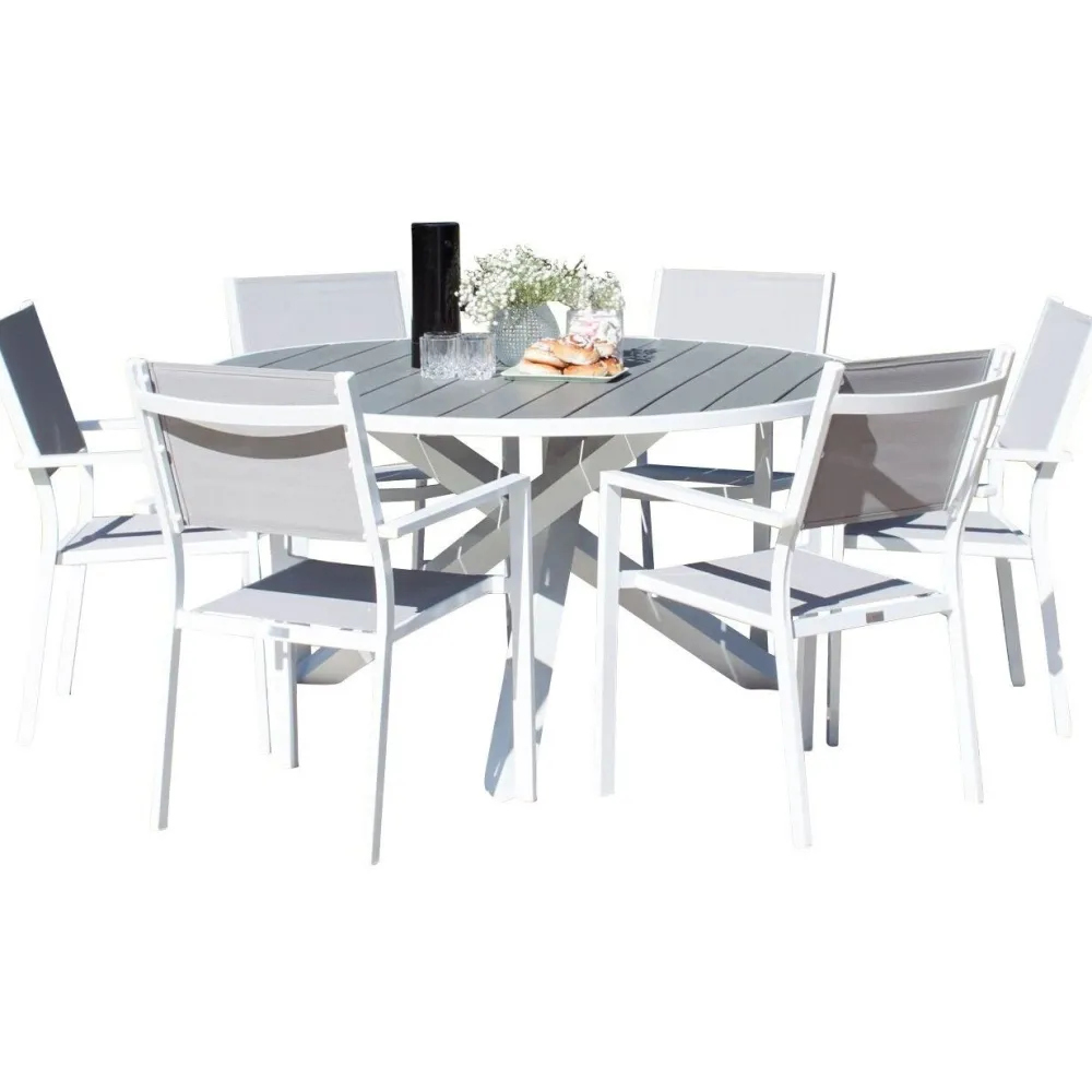 Ruokailuryhmä ulos , valkoinen Parma-pöytä Ø140cm + 6 valkoharmaata Copacabana-tuolia*Venture Home Discount