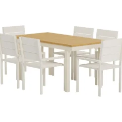 Online Ruokailuryhmä ulos , luonnollisenvärinen Panama-pöytä 160x90cm + 6 beigeä Levels-tuolia Ruokailuryhmät Ulos
