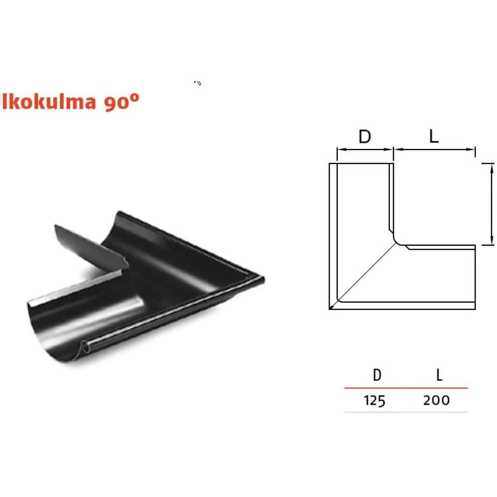 Sadevesijärjestelmä puolipyöreä: kourun ulkokulma 90° ø125mm, eri värejä*Ruukki Online