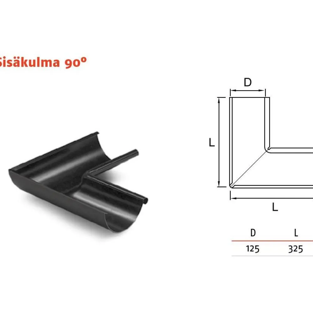 Sadevesijärjestelmä puolipyöreä: kourun sisäkulma 90° ø125mm, eri värejä*Ruukki New