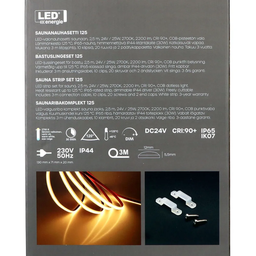 Saunanauhasetti 125, 2.5m, 2700K, 10W/m, IP44/65, 2200lm, himmennettävä, valkoinen*LED Energie