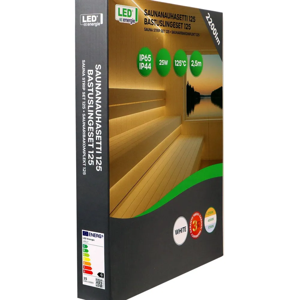 Saunanauhasetti 125, 2.5m, 2700K, 10W/m, IP44/65, 2200lm, himmennettävä, valkoinen*LED Energie