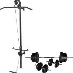 Seinään kiinnitettävä kuntolaite levytanko- ja käsipainosarjalla, 60.5kg*FinePRICE Online