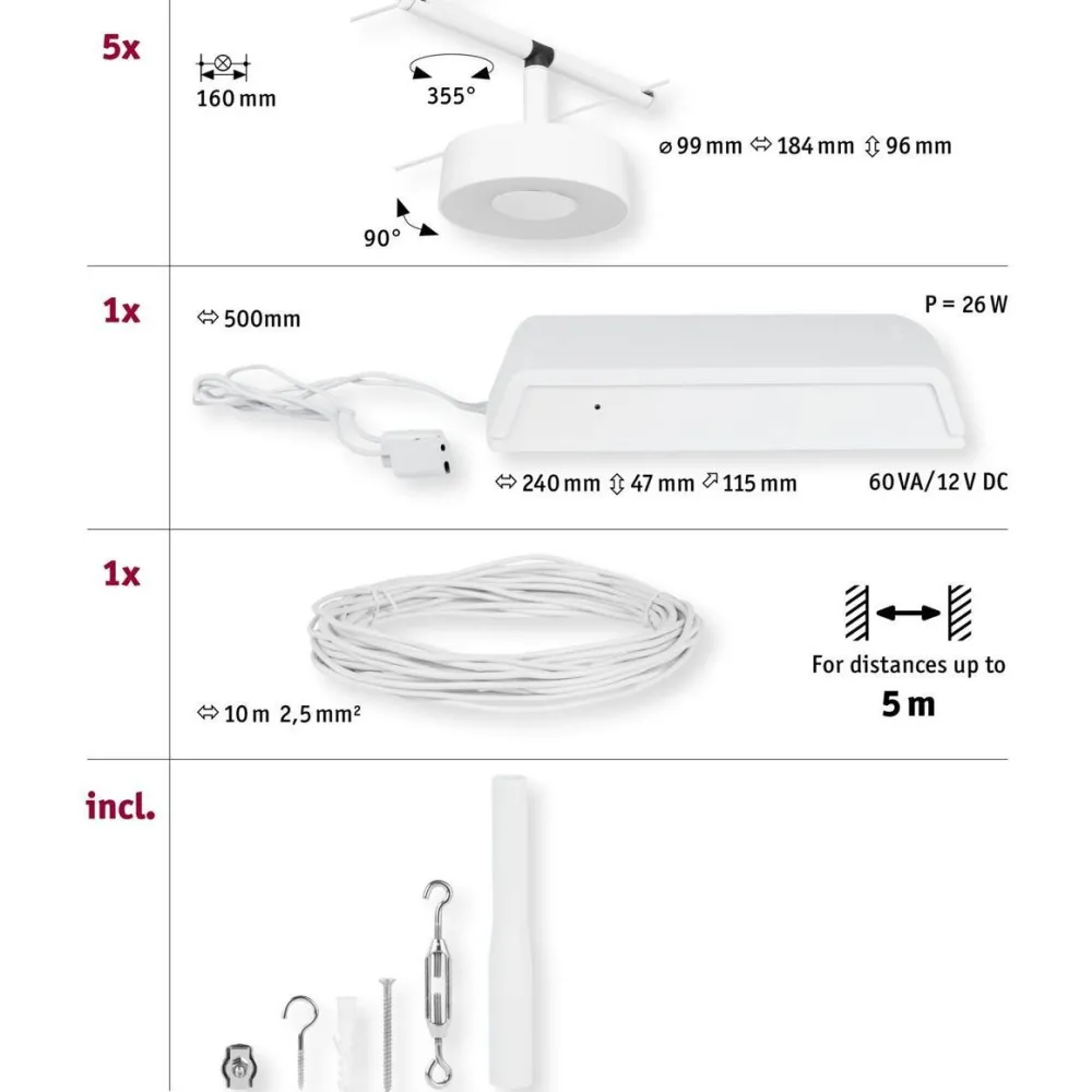 Hot Vaijerivalaisinsetti CorDuo Circle, 5x180lm, 5x5W, 3000K, 230/12V, eri värejä Vaijerivalaisimet