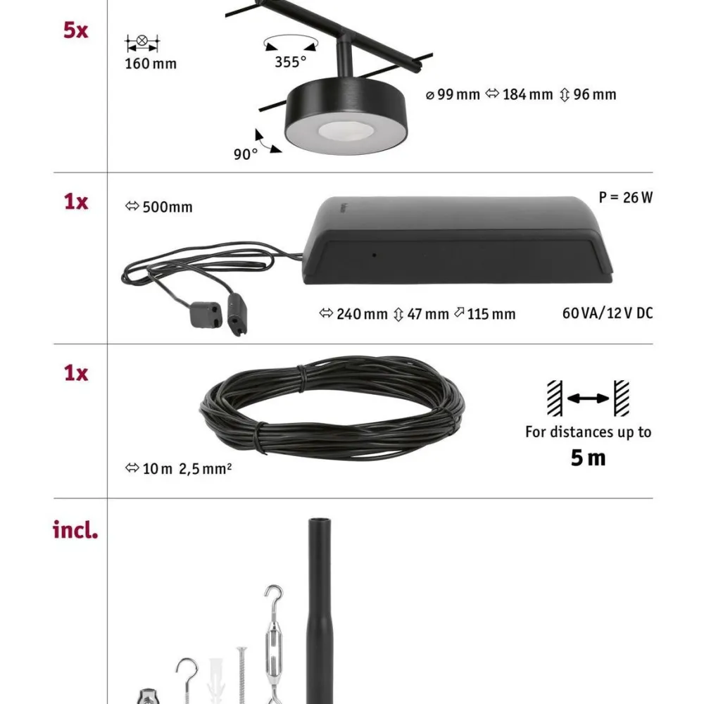 Hot Vaijerivalaisinsetti CorDuo Circle, 5x180lm, 5x5W, 3000K, 230/12V, eri värejä Vaijerivalaisimet