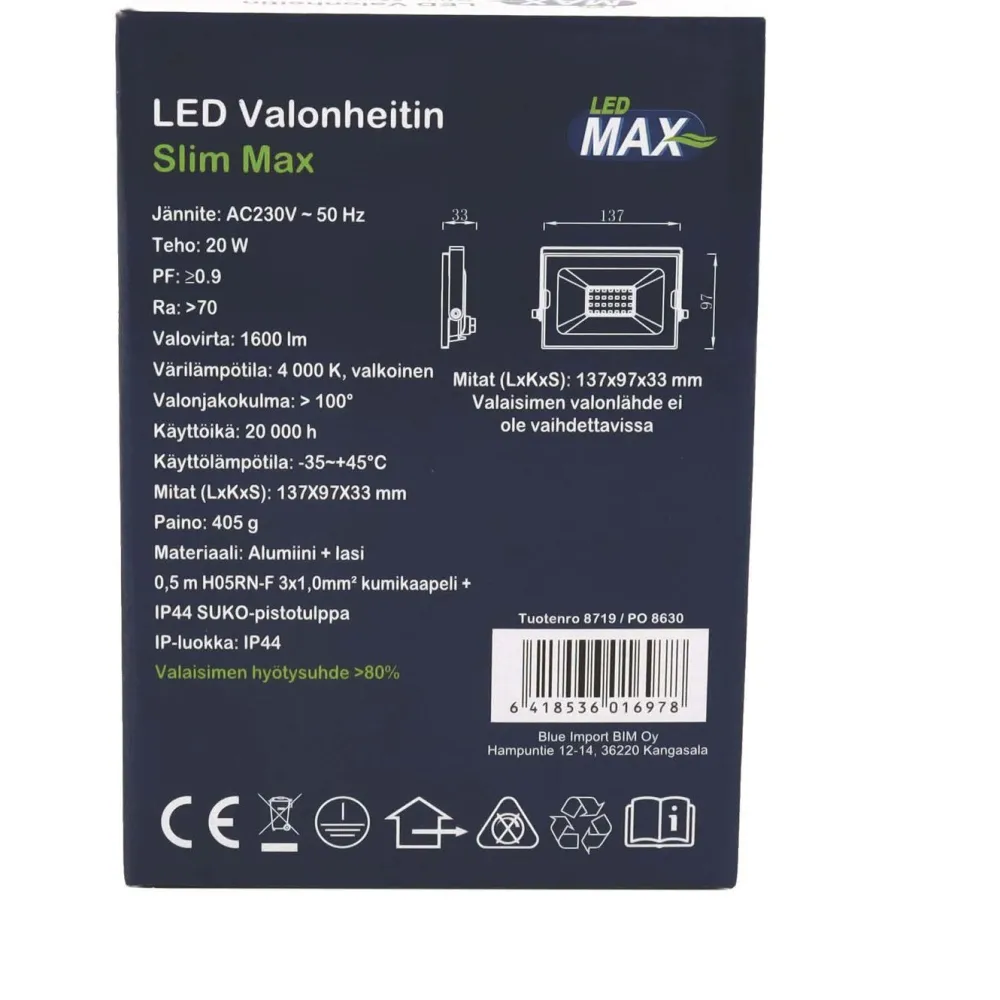 Valonheitin LED Max Slim LED, 20W, 1600lm, 4000K Valonheittimet