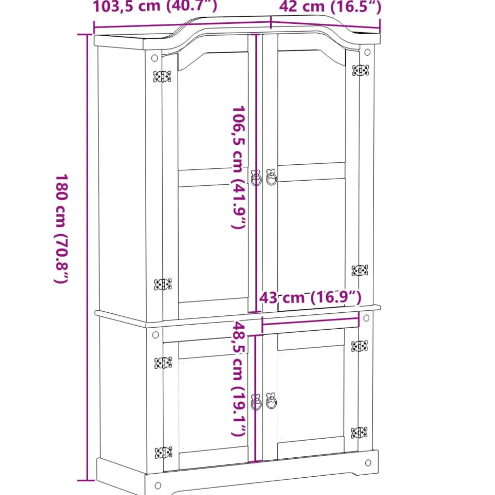 Best Vitriinikaappi Corona 103,5x42x180 cm täysi mänty (02777) Vitriinit